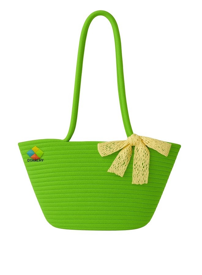 DYARCHY DYARCHI Cotton Rope Tote Bag with Lace Bow, 36 cm x 25 cm (GREEN) - Image 2