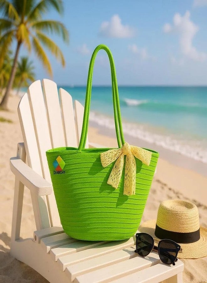 DYARCHY DYARCHI Cotton Rope Tote Bag with Lace Bow, 36 cm x 25 cm (GREEN) - Image 4