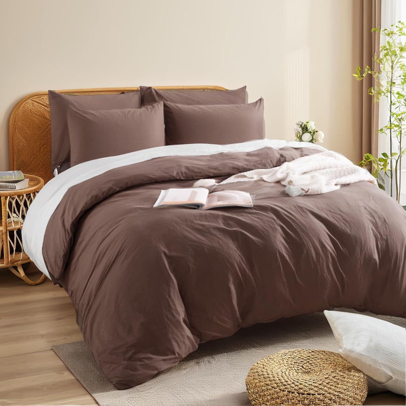 NEXHOME PRO Queen Duvet Cover Set, 100% Certified Organic Cotton with Washed Feel & Linen-Like Texture, Comfortable & Breathable, Home Bedding Set Dark Brown (No Comforter) 90" 90" - Image 4