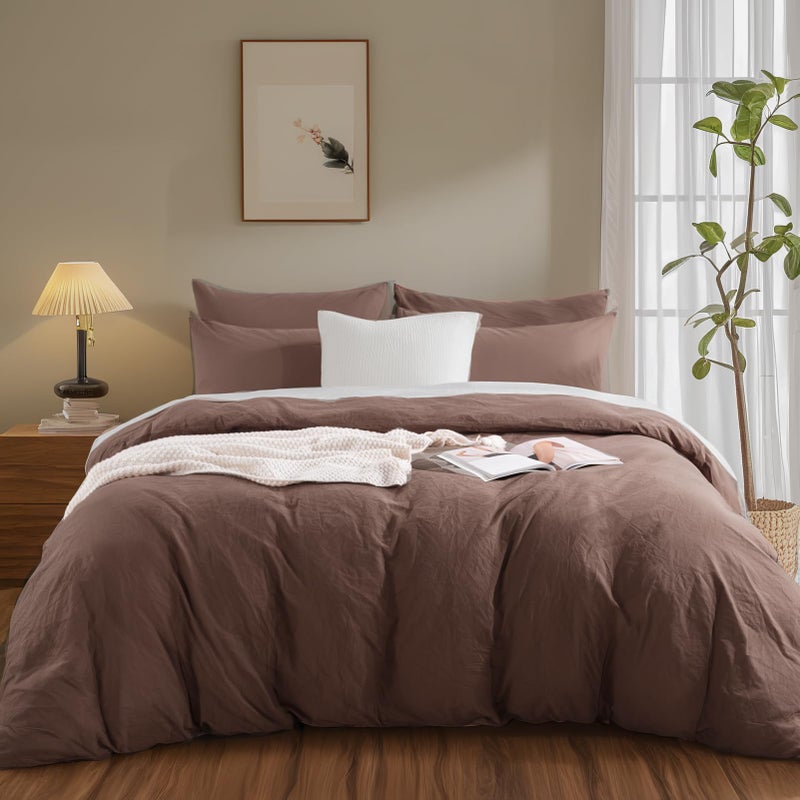 NEXHOME PRO Queen Duvet Cover Set, 100% Certified Organic Cotton with Washed Feel & Linen-Like Texture, Comfortable & Breathable, Home Bedding Set Dark Brown (No Comforter) 90" 90" - Image 3