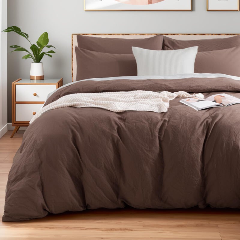 NEXHOME PRO Queen Duvet Cover Set, 100% Certified Organic Cotton with Washed Feel & Linen-Like Texture, Comfortable & Breathable, Home Bedding Set Dark Brown (No Comforter) 90" 90" - Image 1