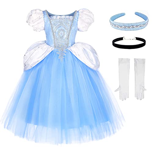 TYHTYM Cinderella Costumes Girl Dress Up Puffy Sleeves Pageant Party Halloween Fancy Ball Gown (6-7T, Blue) - Image 1