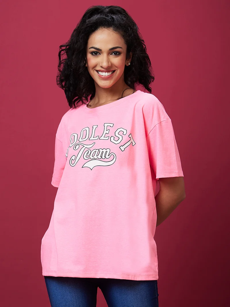 globus Globus Women Typography Printed Oversized Pure Cotton Boxy Fit T-Shirt