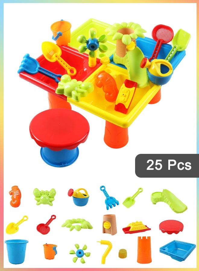 كويفلوكس ألعاب الشاطئ، مجموعة من 25 قطعة من ألعاب الشاطئ للأطفال مع قوالب ومجارف وطاولة متعددة الأقسام، ولعبة الرمل والماء مع مقعد بسيط، وألعاب أساسية للشاطئ في الهواء الطلق، ومجموعات بناء قلاع رملية صيفية - Image 1