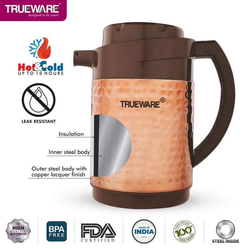 Trueware Trueware Phoenix Plus 800 Insulated Flask 750 Ml Insulated Tea Pot Kettle Thermos Water Jug Hot Cold LeakProof Lid Thermoware Food Grade Plastic 100 Stainless Steel Lightweight BPAFree Wide Mouth Design Ideal for Office Travel Copper Hammered Finish - Image 5