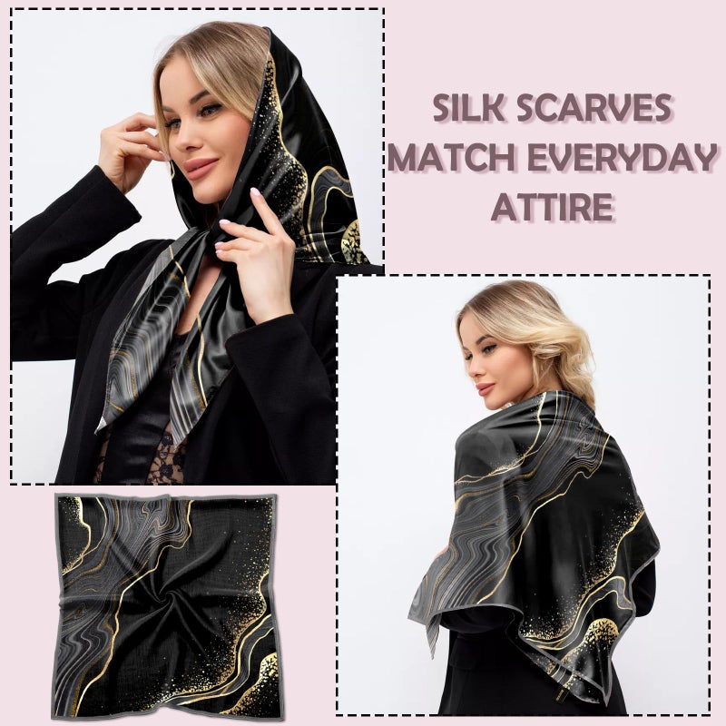BHAHB Silk Feeling Scarf 27.5 Inches Large Square Satin Head Hair Wrap Sleeping Fashion Lightweight Cute Aesthetic Handbag Decoration for Women Girls-Black Marble - Image 4