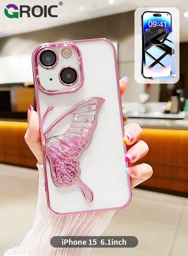 GROIC Designed for iPhone 15 6.1 Inches Case, Transparent Butterfly Quicksand Glitter Shell, Soft TPU Back with Soft Edge Slim Case Anti-Fingerprints Sanding Surface Shockproof Protective Cover - Image 1
