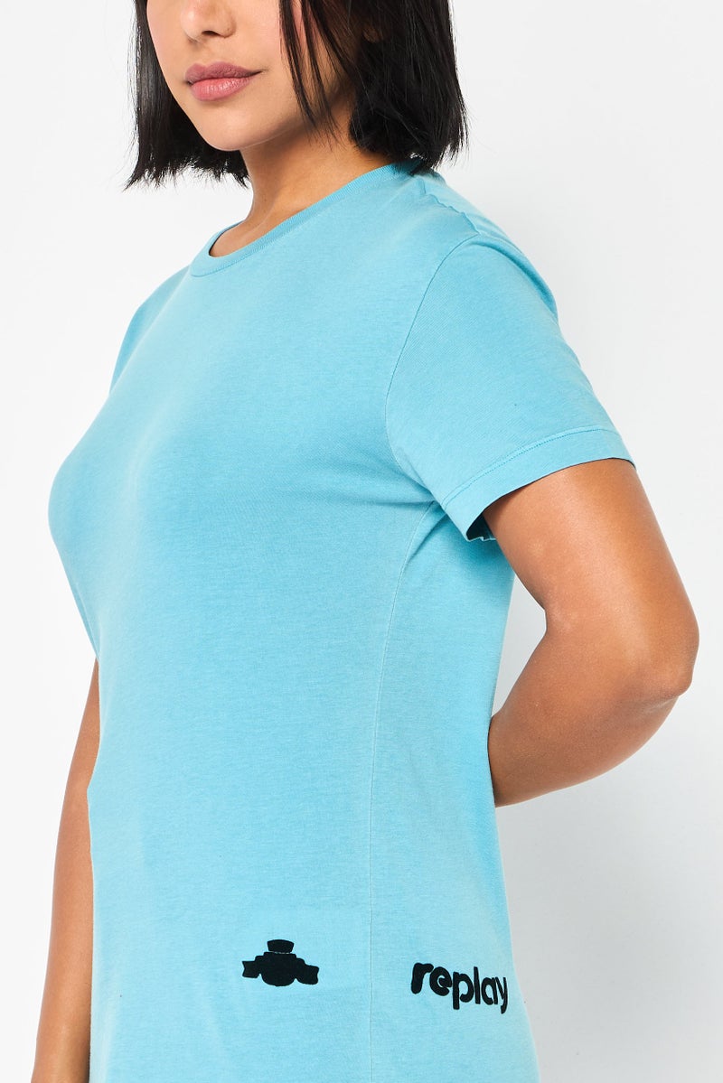 Replay Women Crew Neck Short Sleeve Brand Logo Top, Powder Blue - Image 3