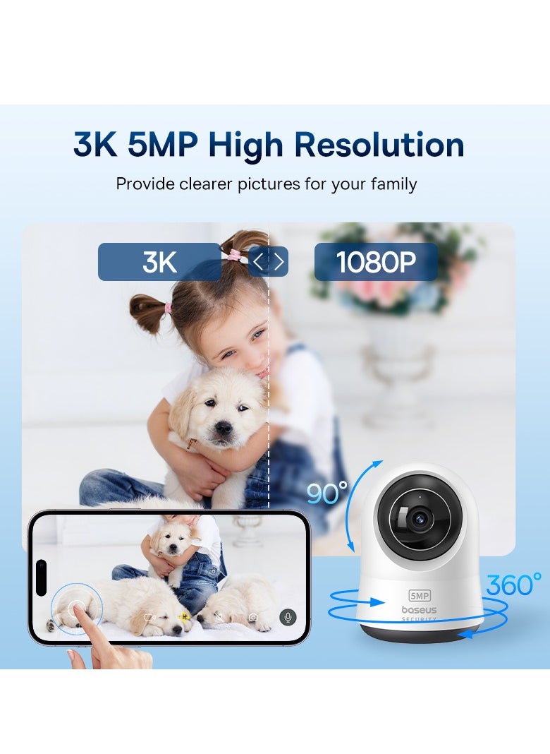Baseus 5MP 3K WiFi Indoor Security Camera with Pan and Tilt, 8x Digital Zoom, 2-Way Audio, Night Vision, Motion Detection, Baby Monitor, Supports Micro SD 256GB, Compatible with Google Assistant and Amazon Alexa, Remote Control via APP, Perfect for Home Monitoring  - Image 2