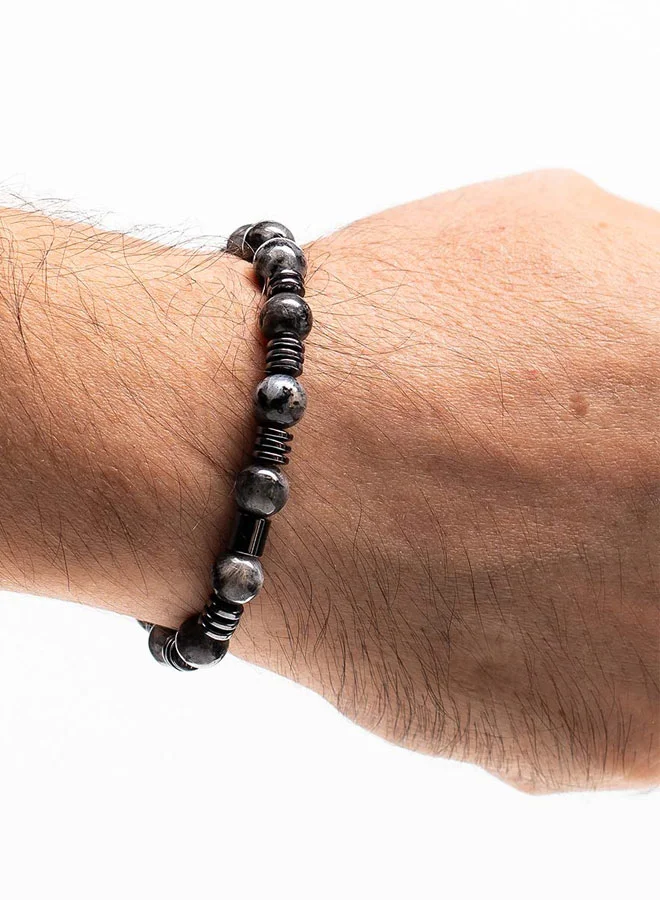 CHRYSOSTOMOS Handmade Beaded Bracelet for Men with Natural Larvikite and Hematite Flatten Grommet