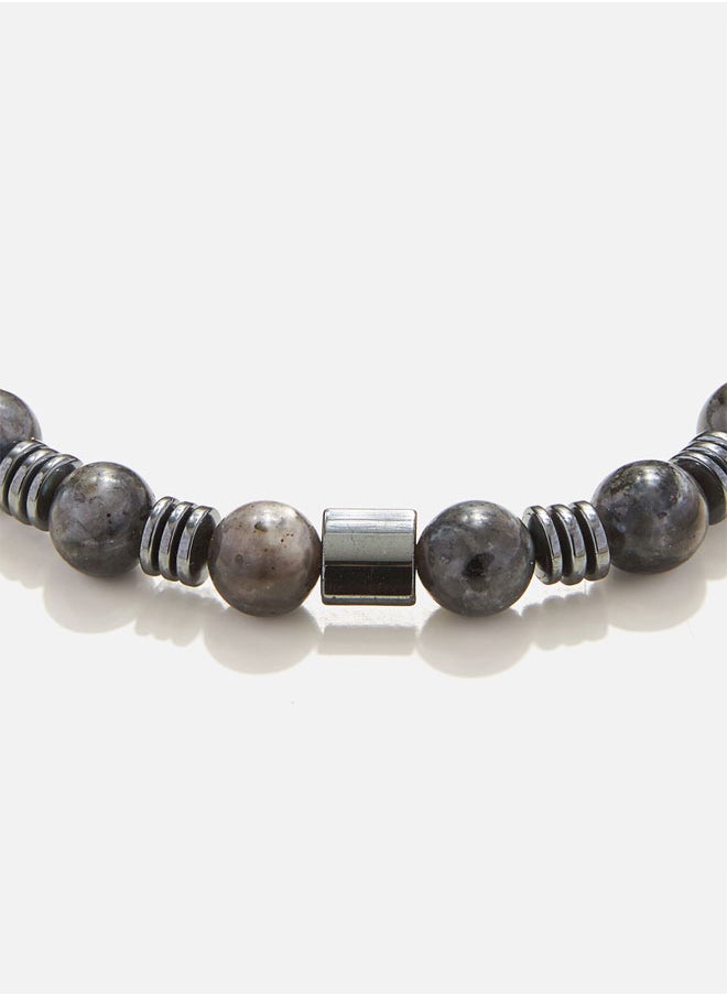 CHRYSOSTOMOS Handmade Beaded Bracelet for Men with Natural Larvikite and Hematite Flatten Grommet  - Image 2