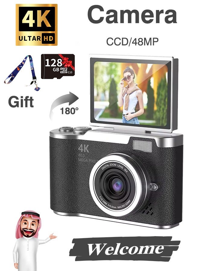 Digisand Digital Camera with 128G SD Card 4K CCD Digital Zoom Student Digital Camera 48MP Portable Photography Camera 180° Flip Screen Selfie Camera, Free Gift Lanyard and Cartoon Stickers - Image 1