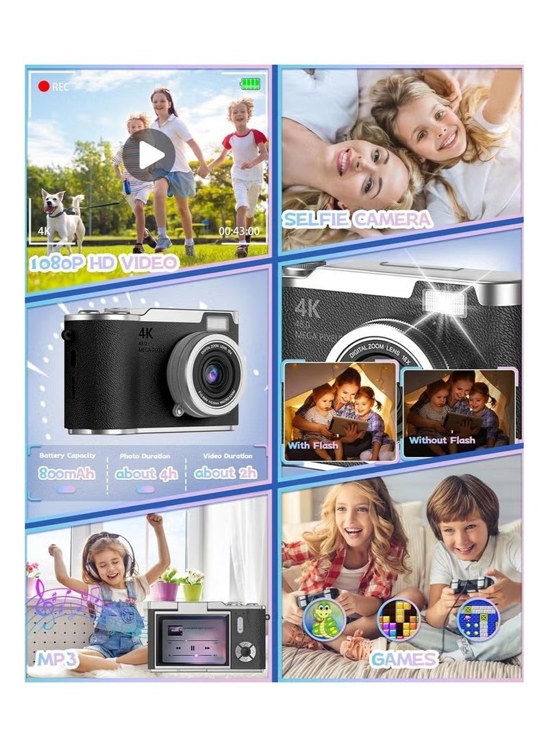 Digisand Digital Camera with 128G SD Card 4K CCD Digital Zoom Student Digital Camera 48MP Portable Photography Camera 180° Flip Screen Selfie Camera, Free Gift Lanyard and Cartoon Stickers - Image 4