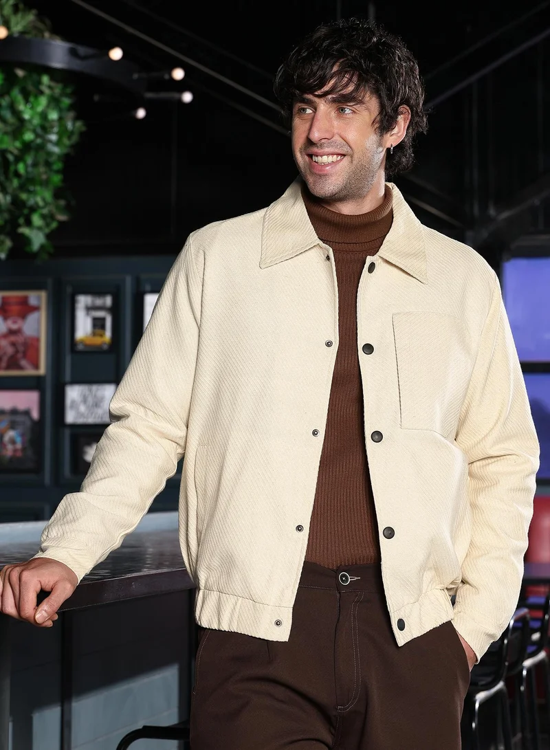 Men Lined-Jacquard Utility Bomber Jacket | Point Collar, Long Button-Cuff Sleeves | Snap Button , Stretch-Straight Hem | Solid Jacquard | Woven Fabric For Casual & Daily Wear | Off-White