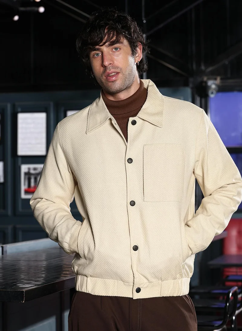 Campus Sutra Men Lined-Jacquard Utility Bomber Jacket | Point Collar, Long Button-Cuff Sleeves | Snap Button , Stretch-Straight Hem | Solid Jacquard | Woven Fabric For Casual & Daily Wear | Off-White