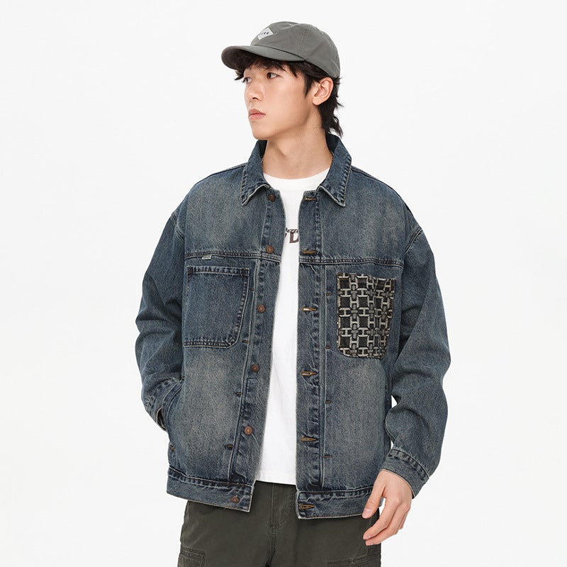 Embroidered Flap Pocket Pants Ancika Heavy Denim Jacket Men'S American Workwear Casual Loose Jacket 98857 - Image 4