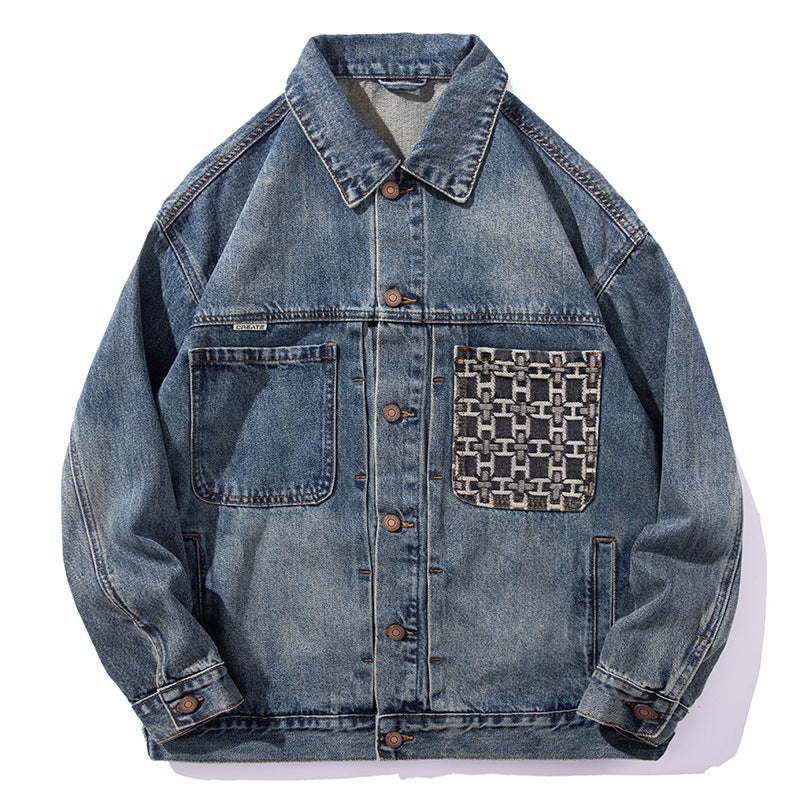 Embroidered Flap Pocket Pants Ancika Heavy Denim Jacket Men'S American Workwear Casual Loose Jacket 98857 - Image 2