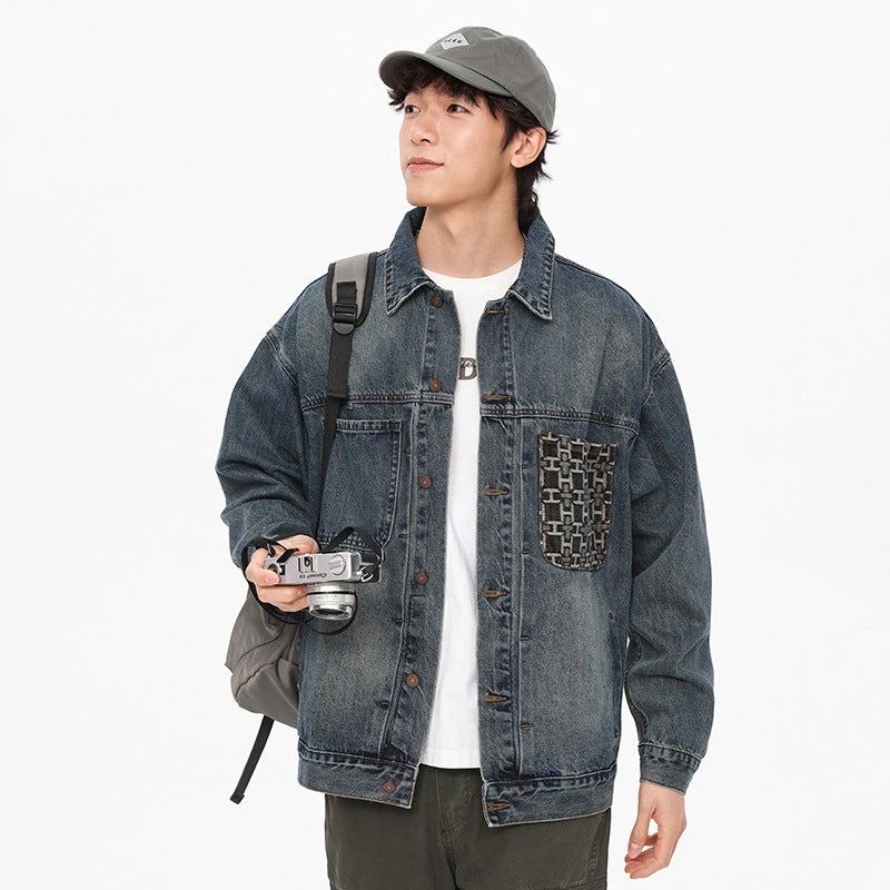 Embroidered Flap Pocket Pants Ancika Heavy Denim Jacket Men'S American Workwear Casual Loose Jacket 98857 - Image 5