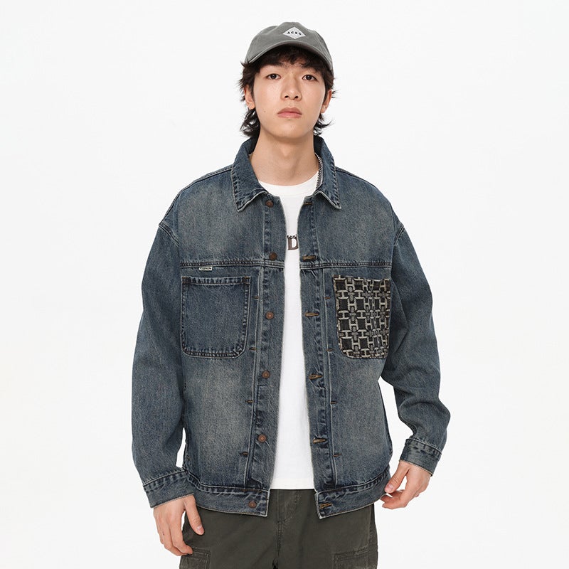 Embroidered Flap Pocket Pants Ancika Heavy Denim Jacket Men'S American Workwear Casual Loose Jacket 98857 - Image 3
