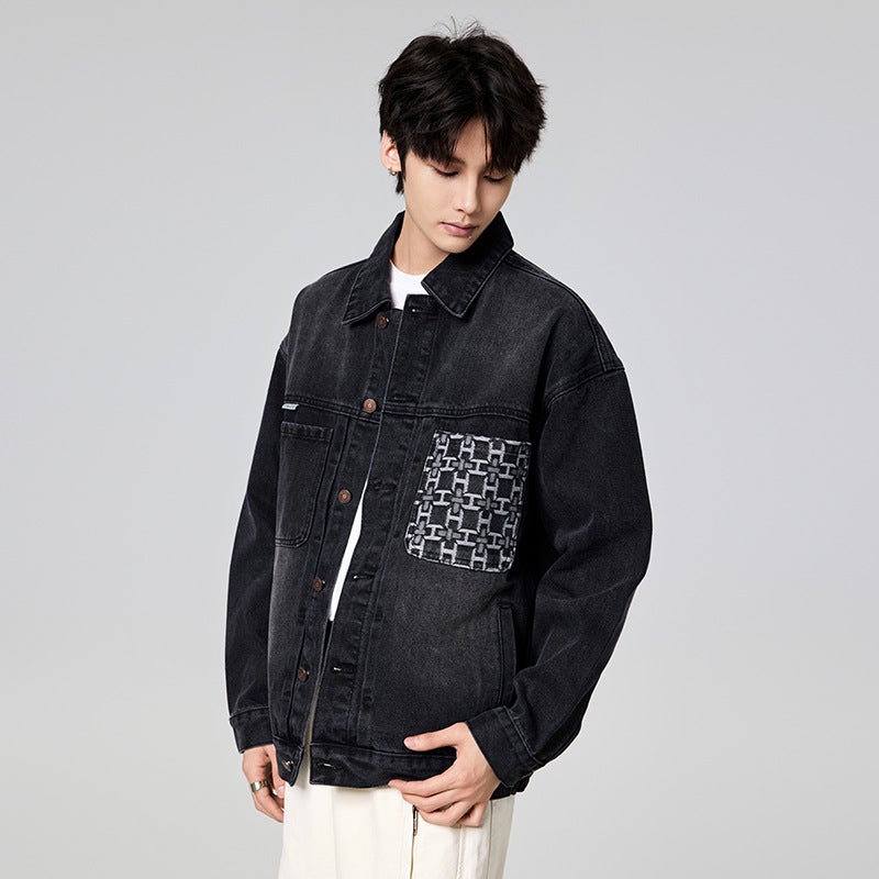 Embroidered Flap Pocket Pants Ancika Heavy Denim Jacket Men'S American Workwear Casual Loose Jacket 98857 - Image 1