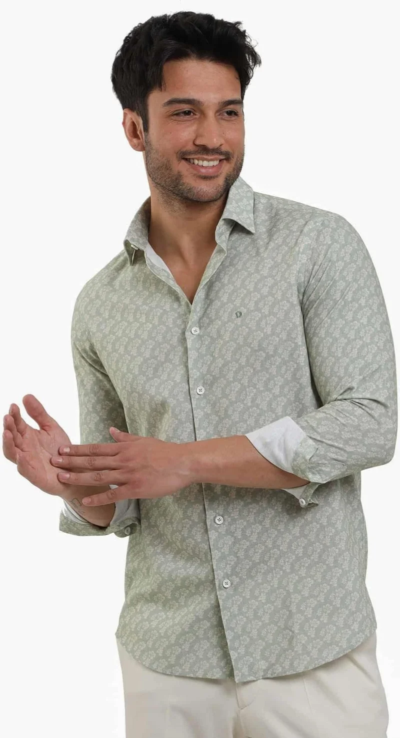 دوفي Green Men's Slim Fit Floral Patterned Classic Collar Long Sleeve Shirt - 104880