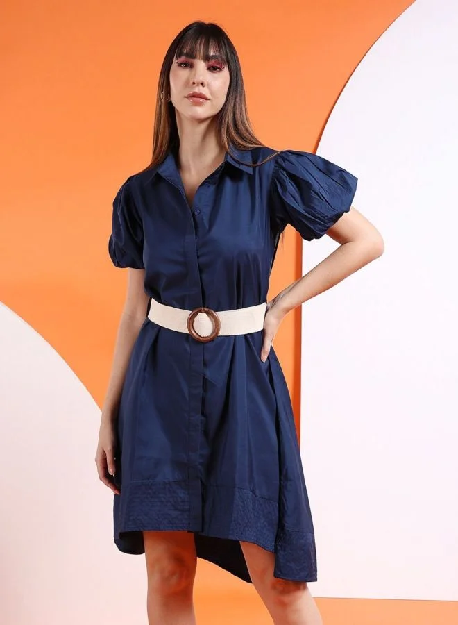 Women Flared Solid Shirt Collar Short Sleeve High Low Shirt Dress
