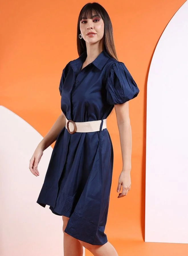 Freehand  Women Flared Solid Shirt Collar Short Sleeve High Low Shirt Dress for Women | Best Price UAE