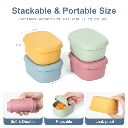 AOEDEO 4 pcs 7 oz Silicone Snack Containers for Kids Small Food Containers with Lids, Fruit Container for Lunch, Stackable Lunch Container for Kids, Daycare, School and Travel - Image 2