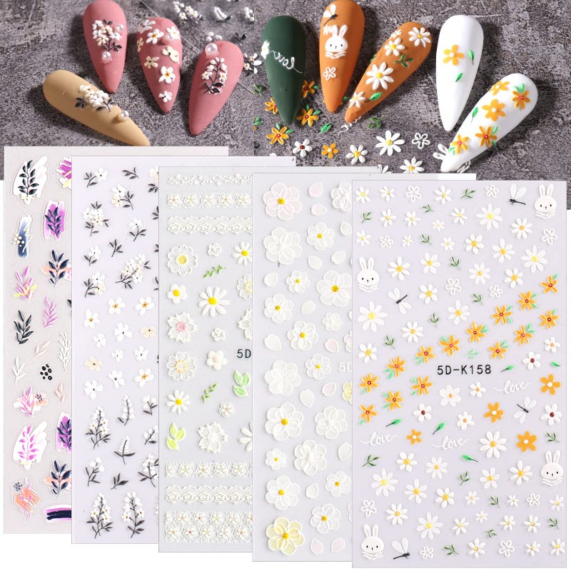 5D Leaf Flowers Nail Stickers For Nail Art DecorEmbossed Daisy Floral Nail Decals 3D SelfAdhesive Nail Supplies Leaves Rabbit Charms Spring Flower Stickers For Women Acrylic Nails Decorations5sheet