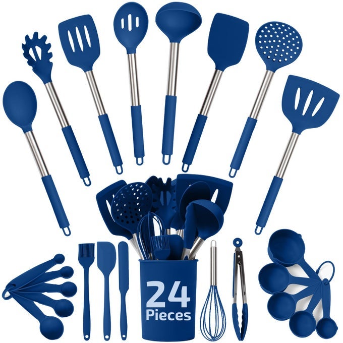 SILICONE KITCHEN UTENSILS SET 24PIECES BLUE COOKING UTENSILSSET FOR NONSTICK COOKWARE SILICONE SPATULAS SET STAINLESS STEEL HANDLE OTHER KITCHEN ACCESSORIES