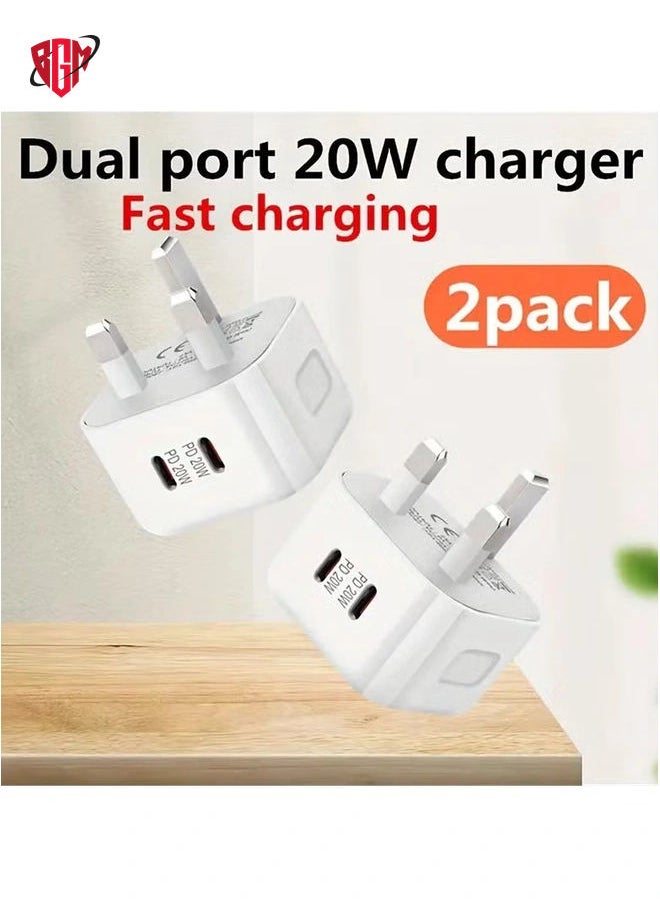 BGM - 2-Pack 20W USB-C PD Fast Wall Charger | Dual Port Travel Power Adapter with British Plug Compatible with iPhone, Samsung, Pixel, Xiaomi, OnePlus | 220V-240V - Image 1