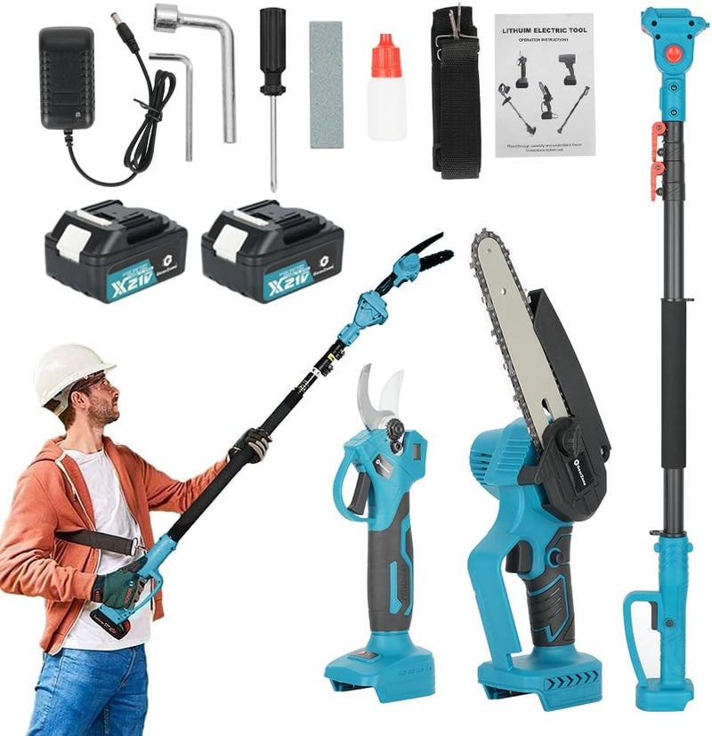 GearZone Electric Pruner Kit, 3 in 1 with 2 Pcs 4.0Ah Batteries, 6 inch Cordless Chainsaw & Electric Pruning Shears with Max 6.3 ft Extension Pole‘, Garden Power Tools (Blue) - Image 1