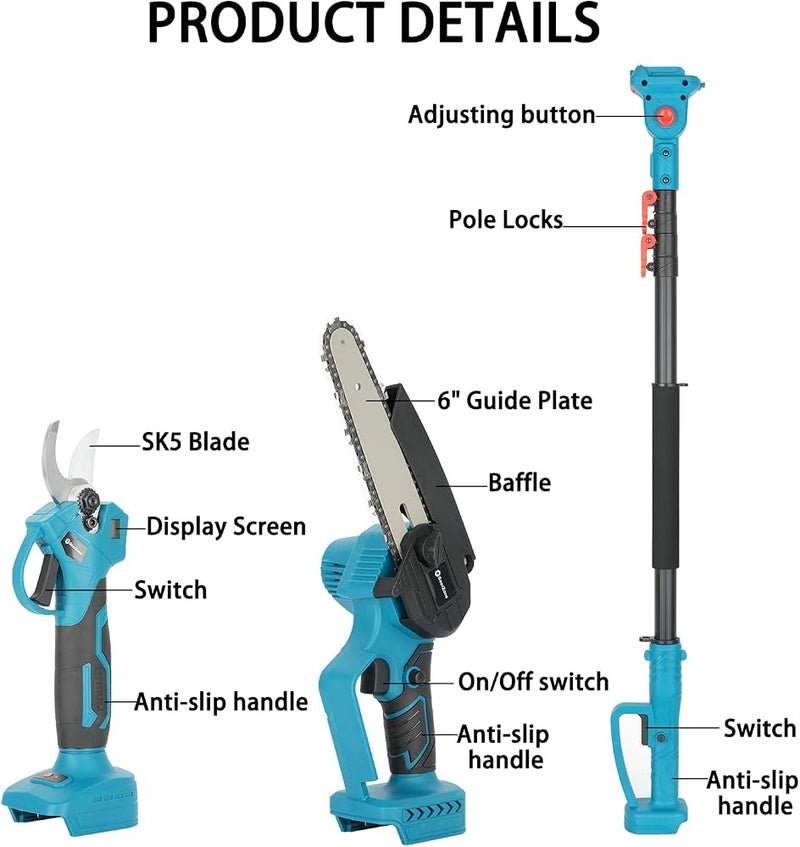 GearZone Electric Pruner Kit, 3 in 1 with 2 Pcs 4.0Ah Batteries, 6 inch Cordless Chainsaw & Electric Pruning Shears with Max 6.3 ft Extension Pole‘, Garden Power Tools (Blue) - Image 2