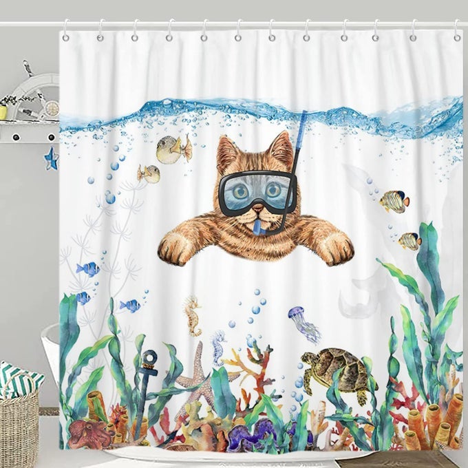 FUNNY CAT SHOWER CURTAIN CUTE KITTEN SWIMMING IN TEAL BLUE OCEAN SEA TURTLE TROPICAL FISH JELLYFISH STARFISH CORAL BATHROOM CURTAIN KID BATHTUB DECOR WATERPROOF MACHINE FABRIC WASHABLE WITH HOOKS