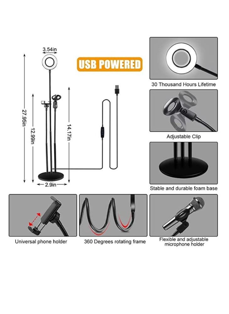 Generic - 3 in 1 Professional Live Stream Kit with Small USB Ring Light Mic Holder CellPhone Web Cam Holder Premium Stand For Makeup Video Shoots Live Video Calling And More - Image 1