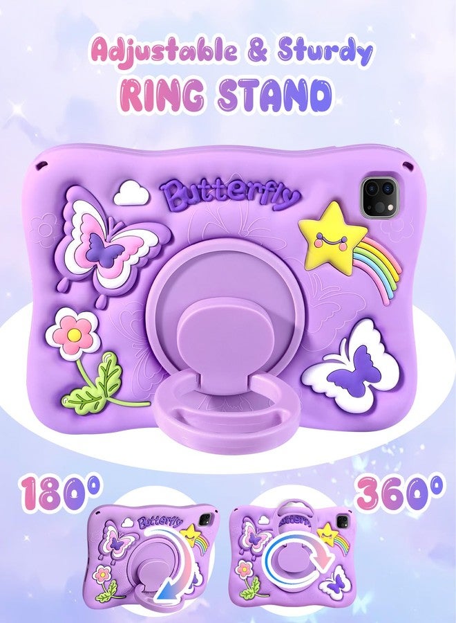 Kidcube for iPad Air 11 Inch Case, Air 5th/4th Generation Case, Pro 11'' Cases 4th/3rd/2nd/1st - Girls Cute Kawaii Girly 3D Purple Butterfly Design Cover with Rotating Stand & Strap Silicone Women - Image 4