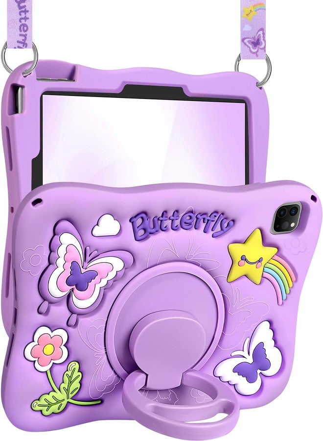 Kidcube for iPad Air 11 Inch Case, Air 5th/4th Generation Case, Pro 11'' Cases 4th/3rd/2nd/1st - Girls Cute Kawaii Girly 3D Purple Butterfly Design Cover with Rotating Stand & Strap Silicone Women - Image 1