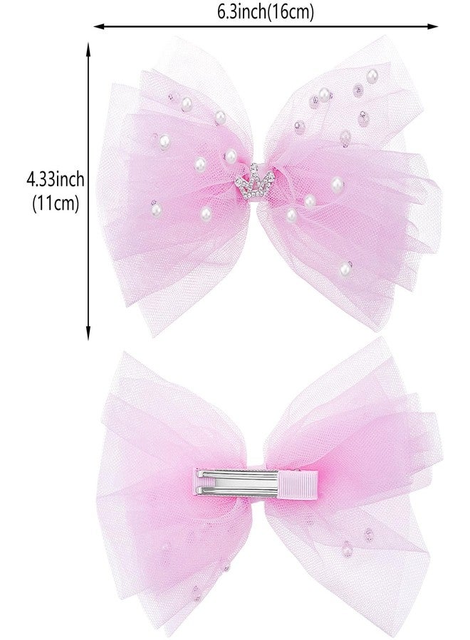 Aswewamt 4Pcs Pearl Hair Bows Hair Clips Tulle Crown Hair Pins Elegant Lace Veil Hair Barrettes Crystal Duckbill Hair Clips Cute Blue Pink Hair Accessories for Women Girls - Image 2