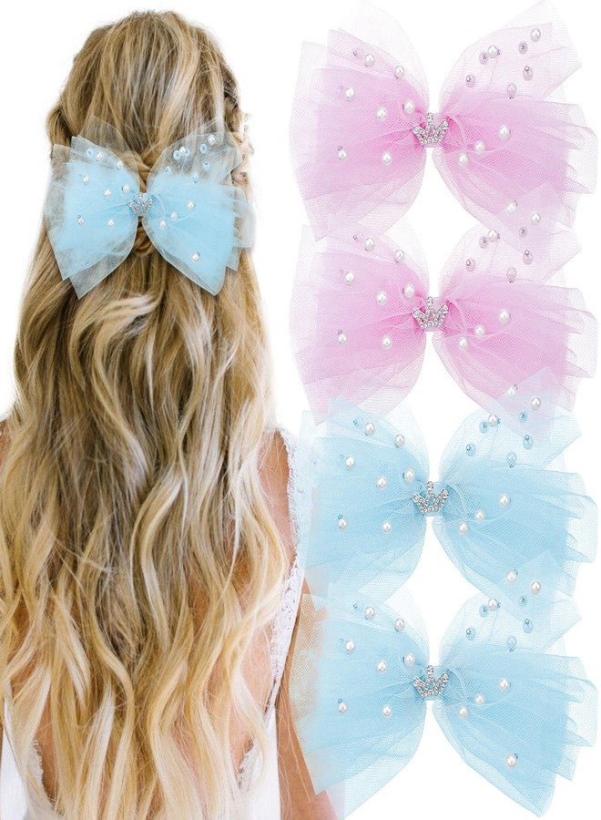 Aswewamt 4Pcs Pearl Hair Bows Hair Clips Tulle Crown Hair Pins Elegant Lace Veil Hair Barrettes Crystal Duckbill Hair Clips Cute Blue Pink Hair Accessories for Women Girls - Image 1