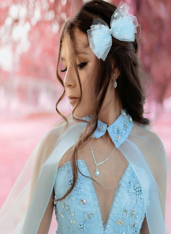 Aswewamt 4Pcs Pearl Hair Bows Hair Clips Tulle Crown Hair Pins Elegant Lace Veil Hair Barrettes Crystal Duckbill Hair Clips Cute Blue Pink Hair Accessories for Women Girls - Image 4
