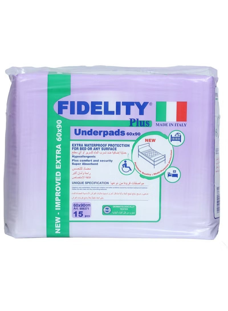 Plus Underpads 60×90 cm 15s | High Absorbency Leak-Proof Disposable Bed Protector Pads for Incontinence & Mattress Protection