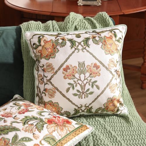 patdrea Designer Pack of 2 Idyllic Throw Pillow Covers 18x18 InchGreen Farmhouse Dreamy Velvet with Orange Floral PatternDecorative Square Pillowcases Cushion for Bed Living Room Outdoor Car - Image 3