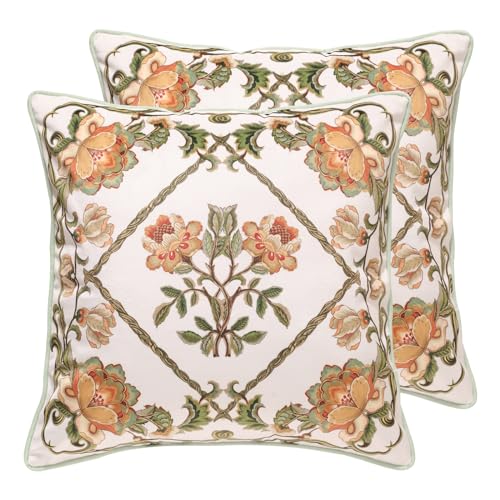 patdrea Designer Pack of 2 Idyllic Throw Pillow Covers 18x18 InchGreen Farmhouse Dreamy Velvet with Orange Floral PatternDecorative Square Pillowcases Cushion for Bed Living Room Outdoor Car - Image 1