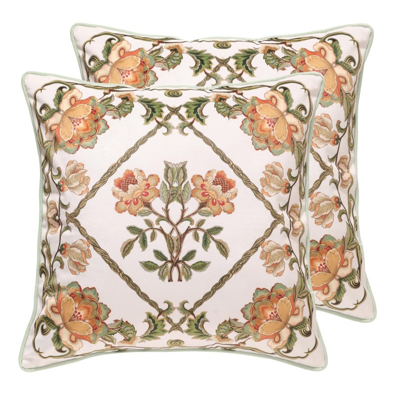 patdrea Designer Pack of 2 Idyllic Throw Pillow Covers 18x18 InchGreen Farmhouse Dreamy Velvet with Orange Floral PatternDecorative Square Pillowcases Cushion for Bed Living Room Outdoor Car - Image 2