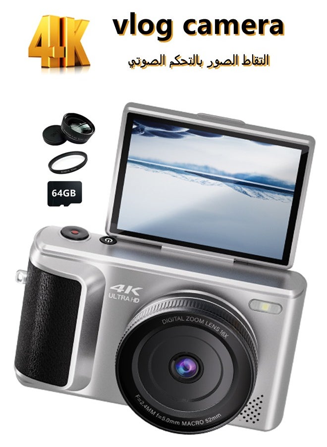 Generic Digital Camera, 4K Vlogging Camera, Kids Camera 64MP Point and Shoot Digital Cameras with 64GB TF Card, 16X Zoom,Voice-controlled shutter  - Image 1