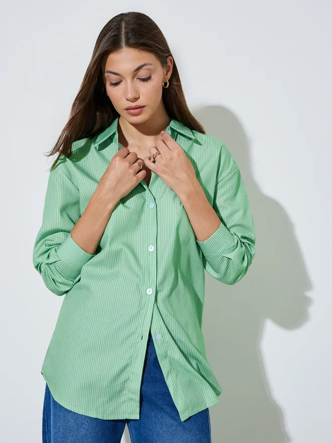 Styli Styli Green Striped Longline Shirt