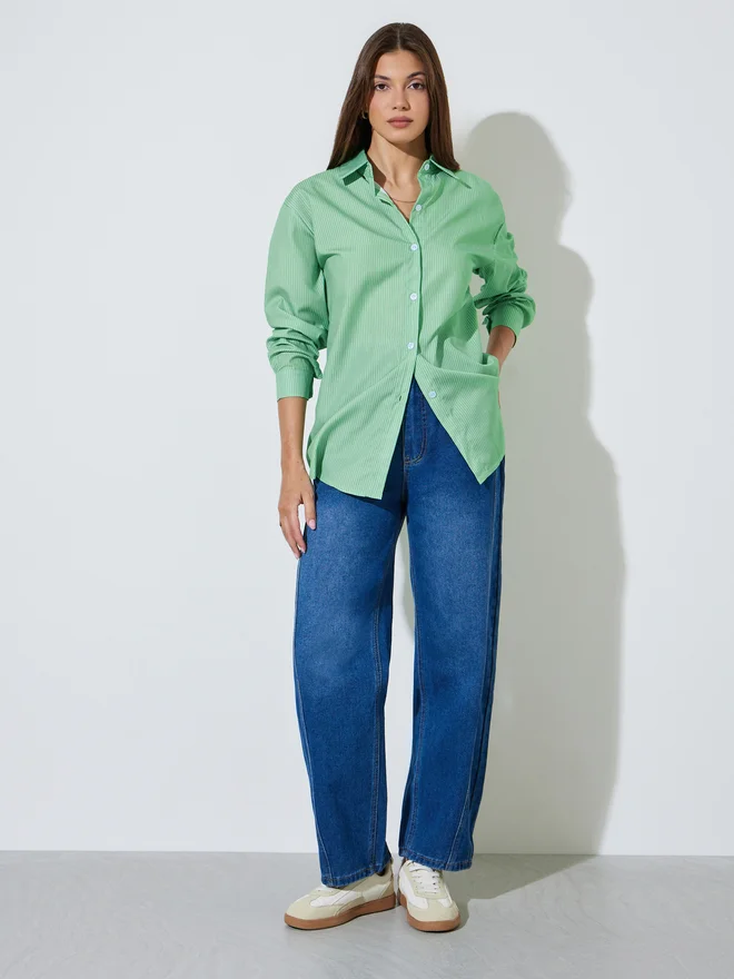 Styli Styli Green Striped Longline Shirt