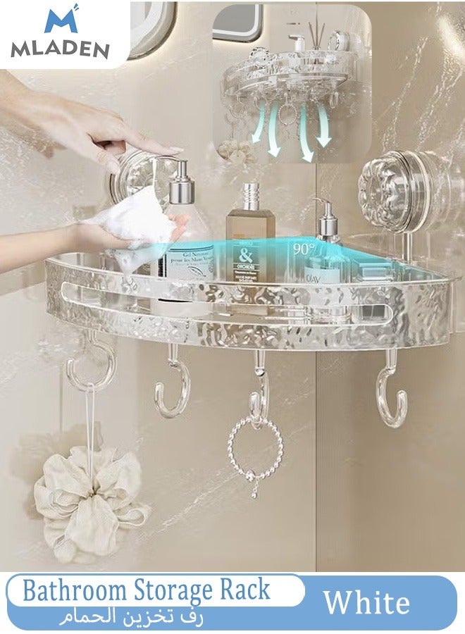 MLADEN Wall Mounted Bathroom Corner Shower Caddy with 4 Hooks,Suction Cup Style Bathroom Organizer, Adhesive Plastic No Drilling Rustproof Shower Shelf Organiser, Floating Shelves Rack for Kitchen, Toilet & Bathroom Storage - Image 1