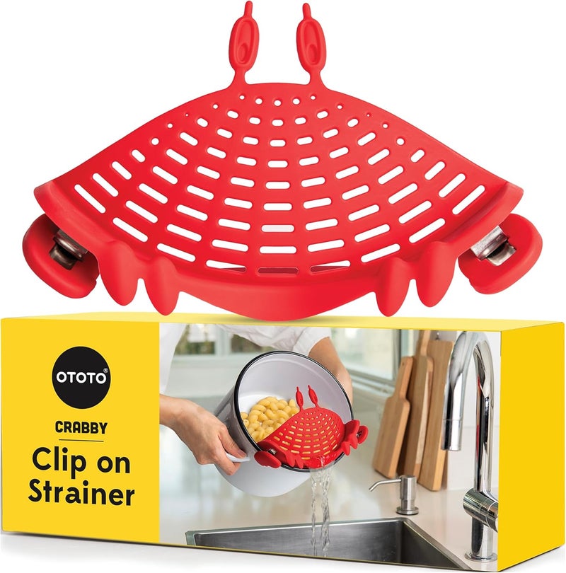 OTOTO NEW Crabby Clip-On Strainer by - Silicone and Stainless Steel Pasta Strainer, Funny Gifts, Cute Kitchen Accessories, Red Crab, Cool Kitchen Gadgets - Image 1