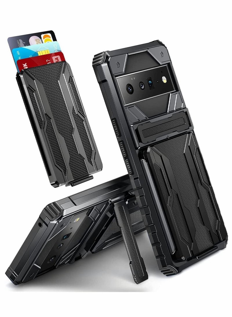 Captaintech Case for Google Pixel 6 Pro 6.7 inch Kickstand Shockproof Cover with Card Holder Soft TPU Protective Defender Bumper Stand Armor Military Grade Protection 6Pro Black - Image 1